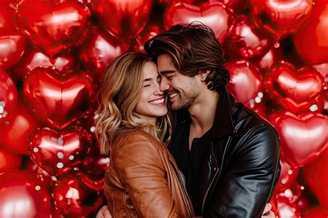 Premium Photo | Love couple hug in front of a heart balloons red color