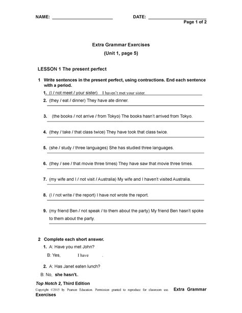 Unit 01 Extra Grammar Exercises Page 1 Of 2 Extra Grammar Exercises