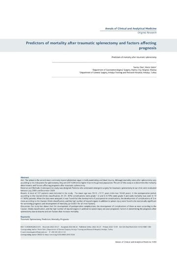 Predictors Of Mortality After Traumatic Splenectomy And Factors