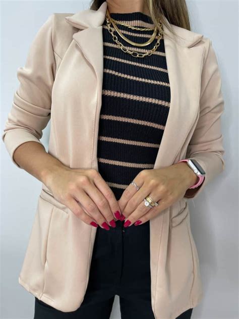 Max Blazer Ria Poliamida Manga Longa Bolsos Fakes Vincos Nude