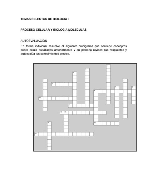 LA Celula Crucigrama XII TEMAS SELECTOS DE BIOLOGIA I PROCESO CELULAR