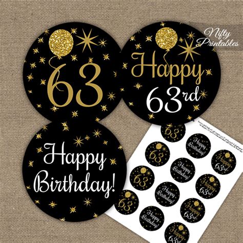 63rd Birthday Cupcake Toppers - Balloons Black Gold - Nifty Printables