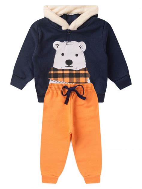 Conjunto Infantil Menino Moletom Peluciado Capuz Urso Polar Marinho