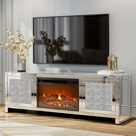 Ikifly Mirrored Tv Stand With Fireplace Led Lights Heated For 65 Inch Tv Silver