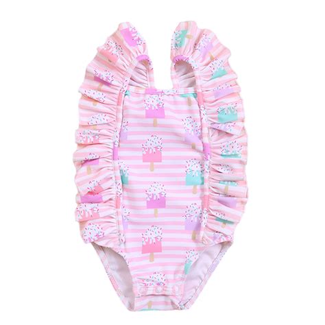 Baby Girl One Piece Swimsuits Cute Bathing Suit Bikini Fly Sleeve Square Neck Strawberry Ice