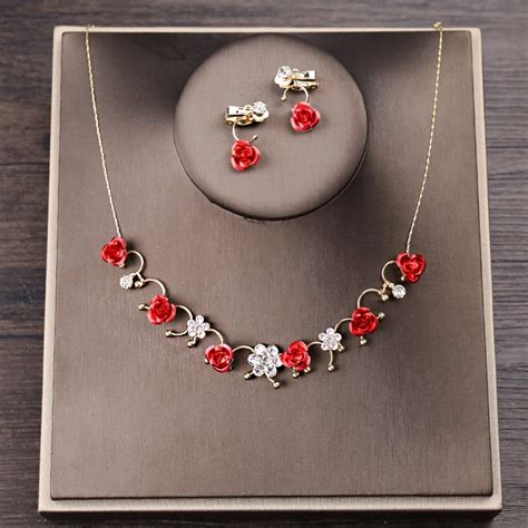 Fashion Gold Wedding Jewelry Sets Red Rose Flower Crystal Necklace