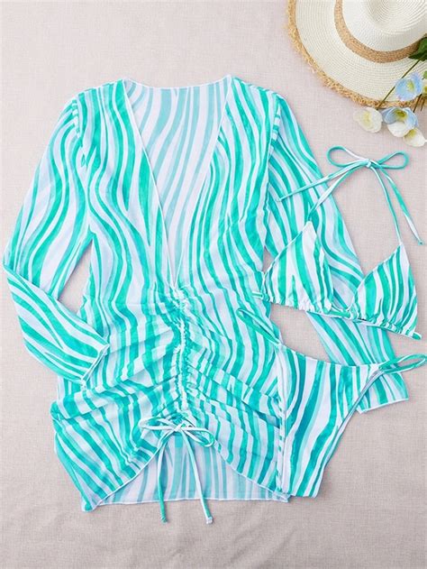 Дамски бански в комплект с плажна туника 3pack Striped Halter Triangle Thong Bikini Swimsuit