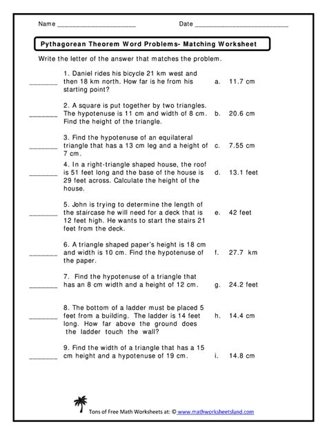 Pythagorean Theorem Sheet Answer Key