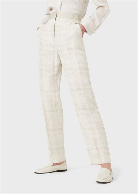 Emporio Armani High Waisted Trousers In Prince Of Wales Linen Blend 42