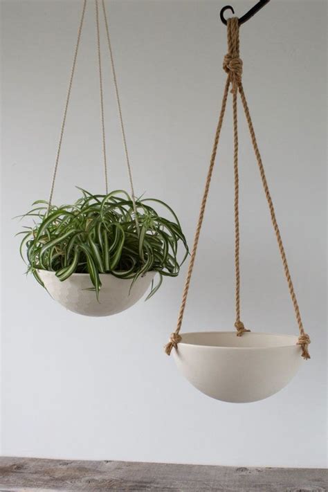 Large Hanging Planter Ceramic Porcelain Basket With Jute Or Cotton Cord Hand Carved Geometric