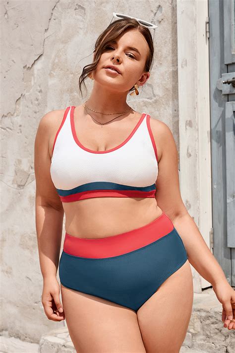 Bikini grande taille à bande et blocs de couleur avec taille haute