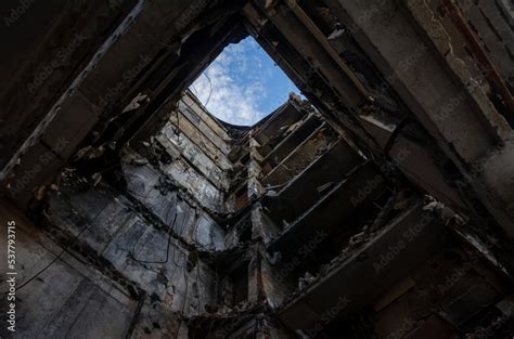 inside a destroyed house with floors fallen from an aerial bomb Stock ...