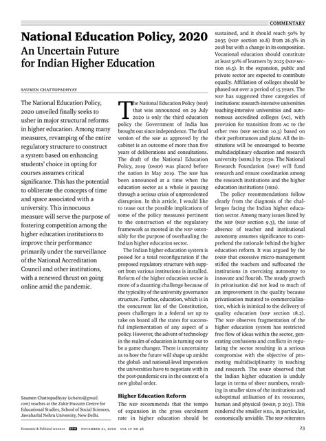 Pdf National Education Policy 2020 An Uncertain Future For Indian