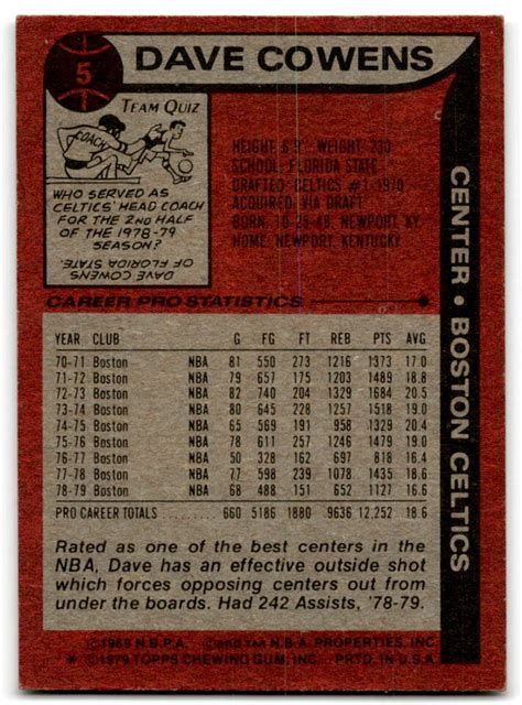 Topps 1979 80 Topps 5 Dave Cowens Boston Celtics EBay