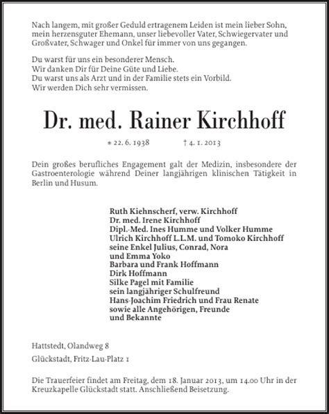 Traueranzeigen Von Dr Med Rainer Kirchhoff Sh Z Trauer