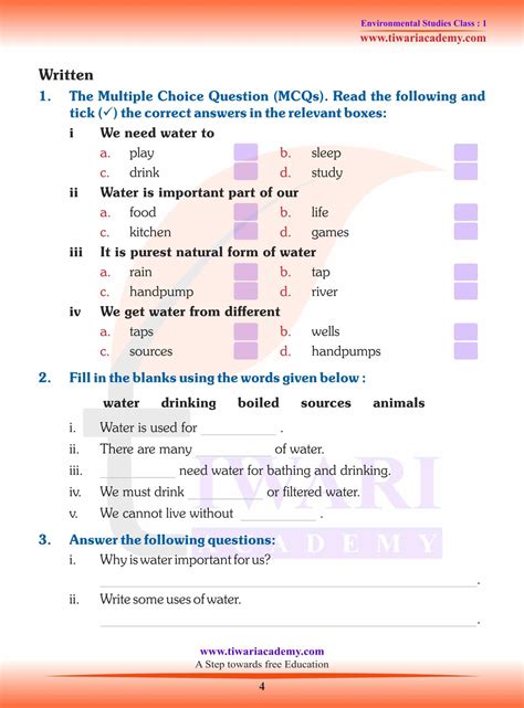 NCERT Solutions For Class 1 EVS Chapter 4 Water