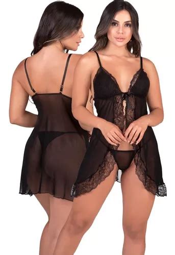 Kit Camisola Em Tule E Renda Sexy Sensual Luxo Com Calcinha Parcelamento Sem Juros