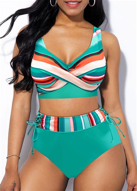 Striped Criss Cross Mint Green Bikini Top Rosewe Usd