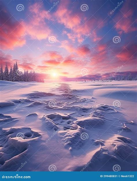 Winter Wonderland Pink Colors Magical Sky Snow Sunrise Generative AI Stock Illustration ...