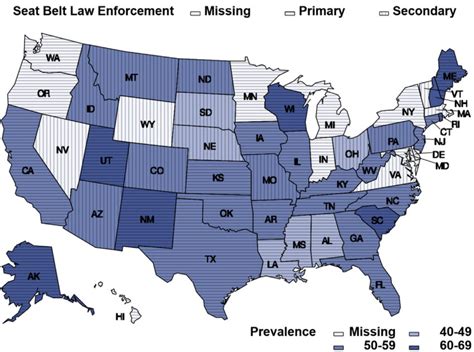 Map of seat belt law and high school seat belt use by state, United ...