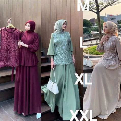 Jual Gamis Pesta One Set Wanita Kekinian Dress Brukat Outer Luxury