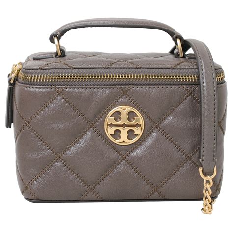 Tory Burch Willa 圓牌logo小香風菱格紋迷你手提斜背化妝包 摩卡可可 兩用包 Yahoo奇摩購物中心