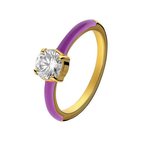 Stalen Goldplated Ring Met Paarse Emaille En Zirkonia Lucardi NL