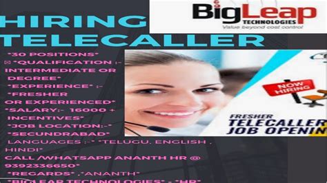 Hiring Telecaller Salary K Freshers Experience Inter Degree