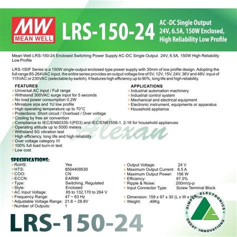 Mean Well LRS-150-24 AC-DC Single Output 24V, 6.5A, 150W Enclosed ...
