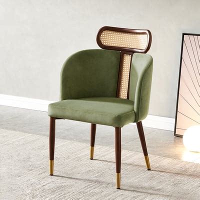 Mid Century Modern Green Velvet Dining Chair Curved Back Rattan Dining