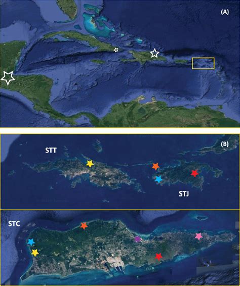 Google maps satellite images showing (A) the wider Caribbean region ...