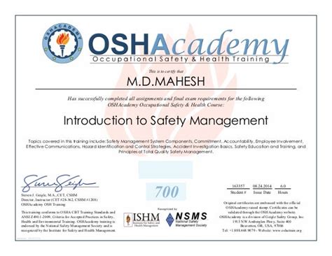 Osha Management In Safety Certificate