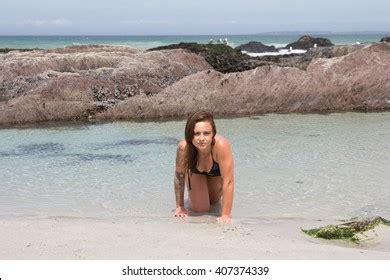 Sexy Bikini Model Crawling Out Sea Stock Photo 407374339 Shutterstock