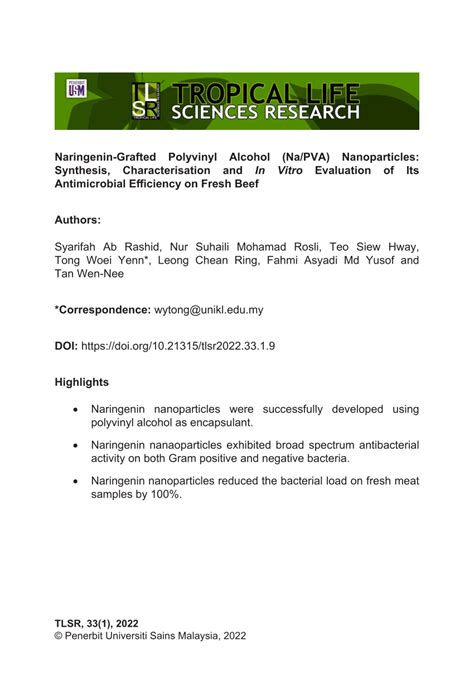 Pdf Naringenin Grafted Polyvinyl Alcohol Na Pva Nanoparticles