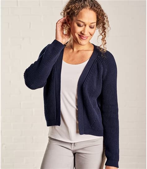 Bleu Nuit Cardigan Court Ouvert Femme Pur Coton Woolover Fr