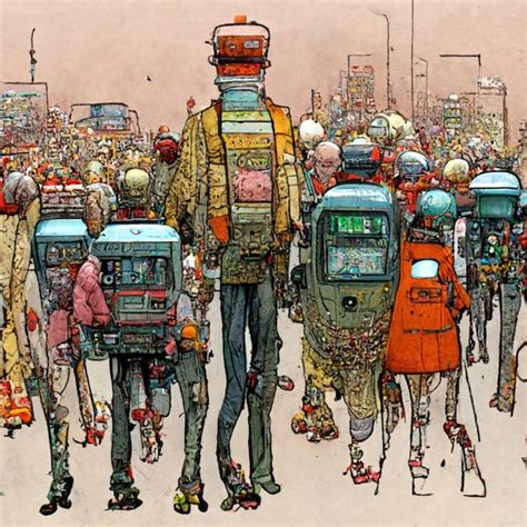 Premium AI Image | A drawing of a crowd of people with a robot on it