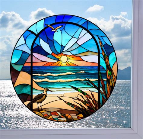 Ocean Beach Window Cling Faux Stained Glass Sunset Seagulls Suncatcher