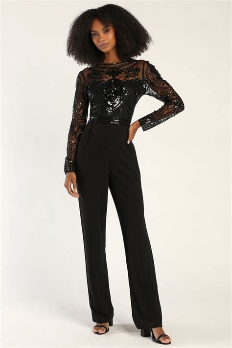 Chic Black Jumpsuit Sequin Beaded Jumpsuit Wide Leg Jumpsuit Lulus