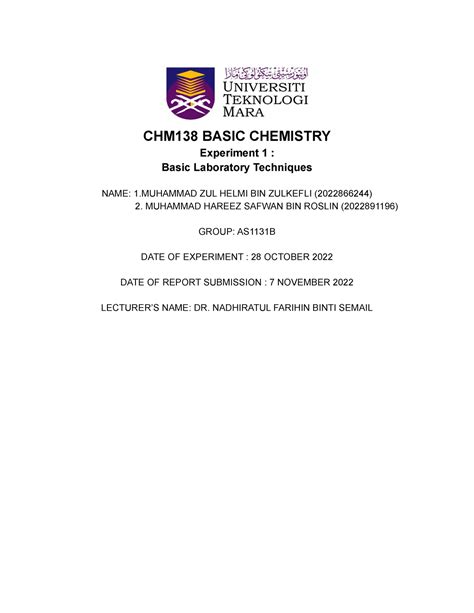 CHM138 Basic Chemistry ZUL CHM138 BASIC CHEMISTRY Experiment 1