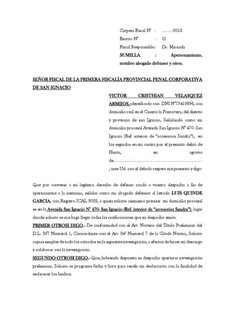 Apersonamiento Designación De Abogado Defensor Y Solicitud De Copias