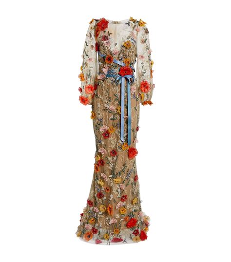 Marchesa Multi Floral Appliqu Gown Harrods Uk