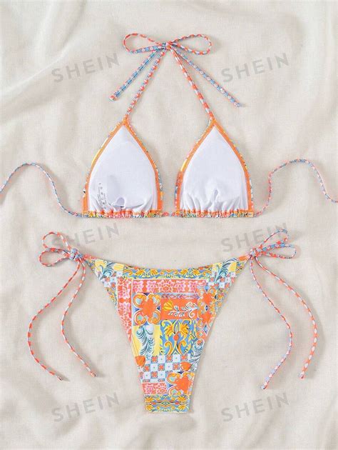 Shein Swim Summer Beach Women S Floral Print Neck Tie Halter Bikini Set