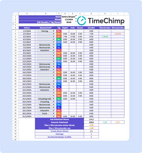 Arbeitszeiterfassung Kostenlose Excel Vorlagen Timechimp De