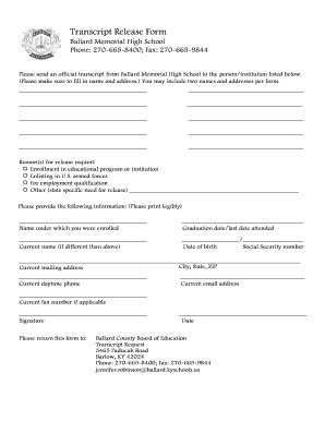 Fillable Online Ballard Kyschools Transcript Release Form Kentucky