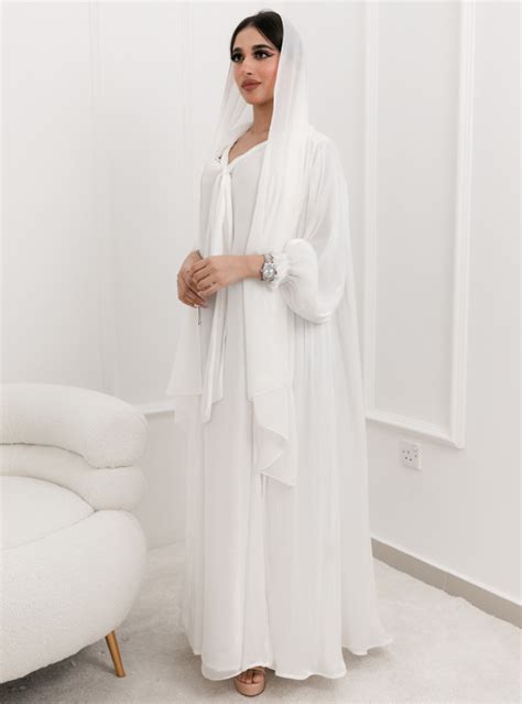 SHE21 Abaya Description White Shiny Organza Abaya With Ribbon And