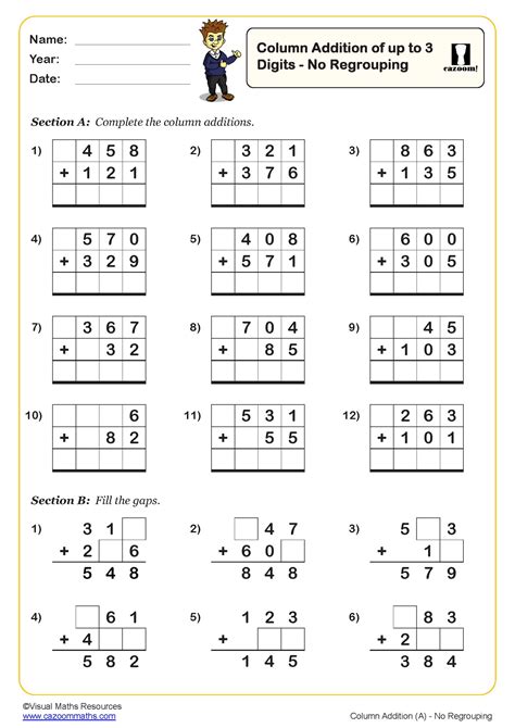 Column Addition Of Up To 3 Digits No Regrouping PDF Printable