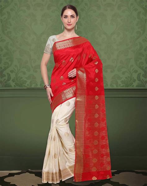 Red And Cream Color Banarasi Silk Saree With Blouse Piece Viva N Diva 2647586