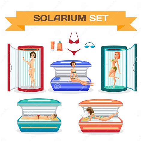 Set Of Woman Tanning In Solarium Essential Accessories Stock Vector