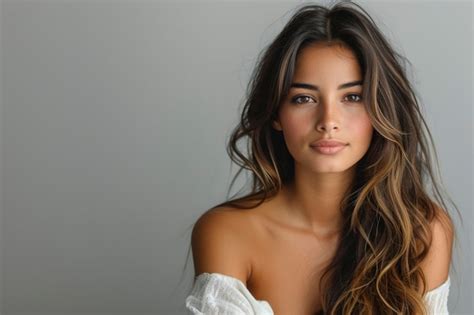 Premium Photo Stunning Latina Woman With Flowing Hair And Offshoulder Top Studio Portrait