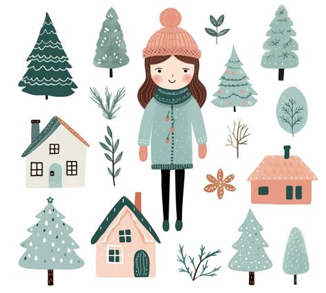 Scandi Christmas Elements Cute Girl Trees Houses Set Of Hand Drawn